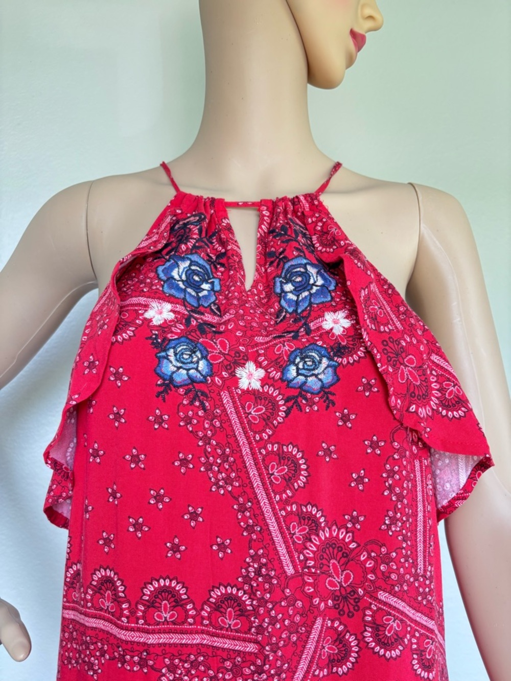 Chelsea & Violet Red Bandana-Print Halter Dress with Blue Floral Accents NWOT - Picture 11 of 16
